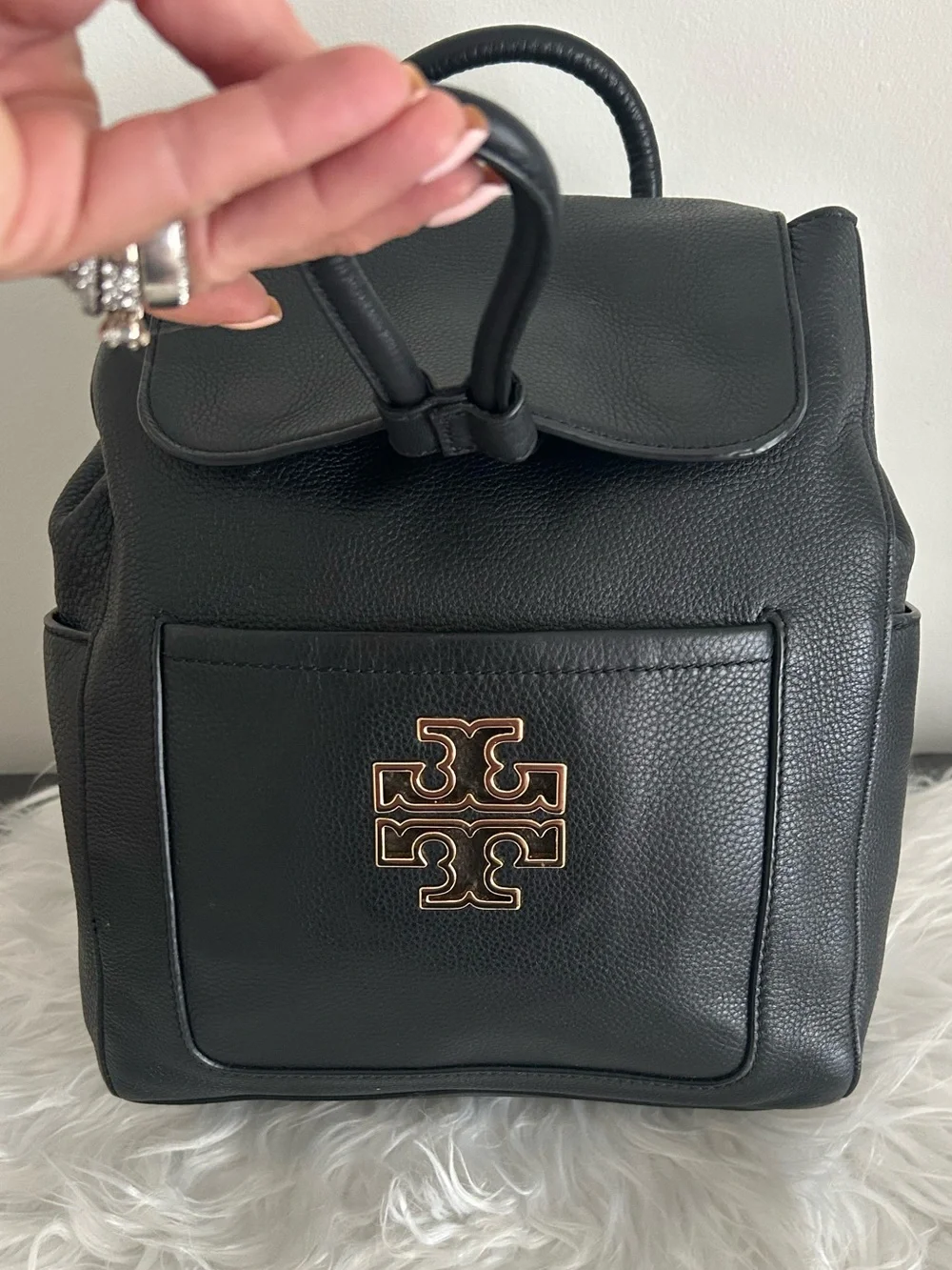 Tory Burch Black Leather Backpack Gold Logo Pebbled Convertible Bag